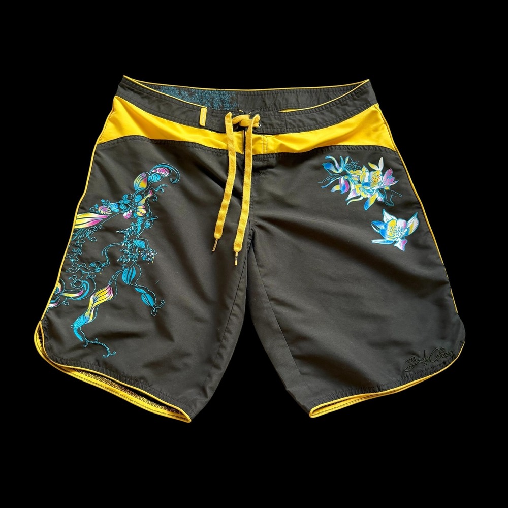 Y2K Body Glove Board Shorts Olive Yellow Floral Swim Trunks Sz 13/14